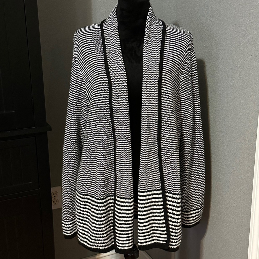 Croft & Barrow Striped Open Front Cardigan Womens Petite‎ Large Black White Chic